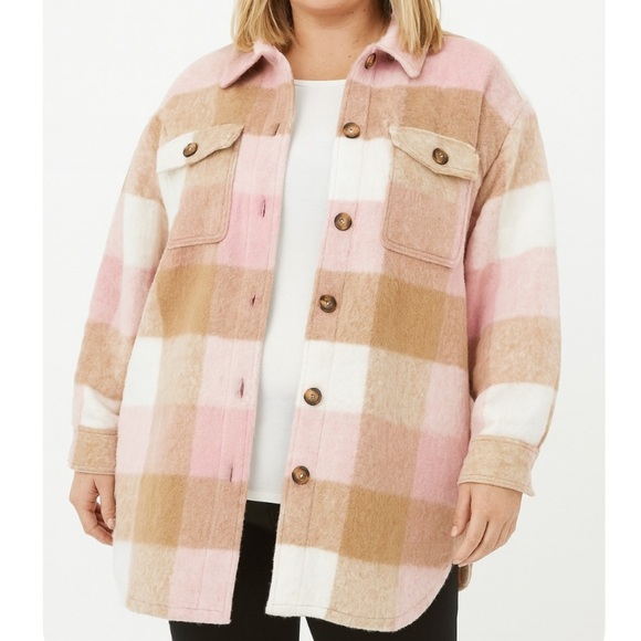 Old Navy Checkered Coat wool Shacket jacket plaid pink/brown pockets SZ L - Picture 1 of 11